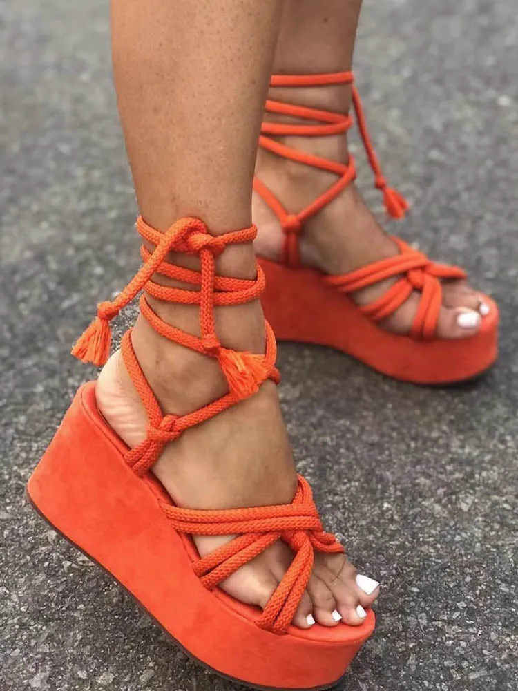 Amozae-Lace Up Wedge Platform Sandals