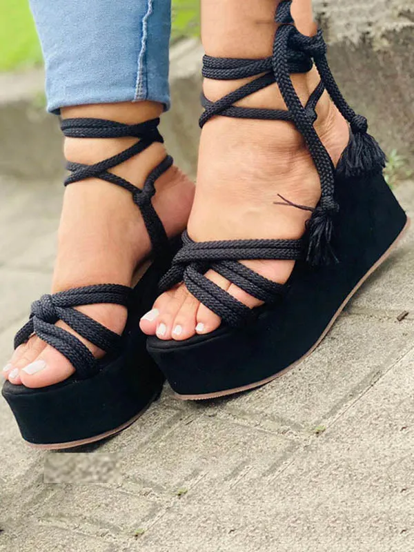 Amozae-Lace Up Wedge Platform Sandals