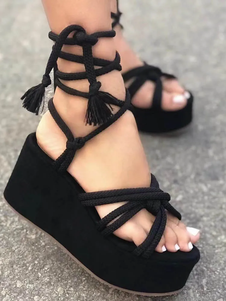 Amozae-Lace Up Wedge Platform Sandals