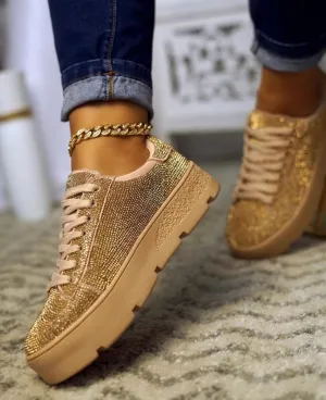 Cape Robbin Euro Lace Up Rhinestone Platform Sneakers Rose Gold (7, Rose Gold)