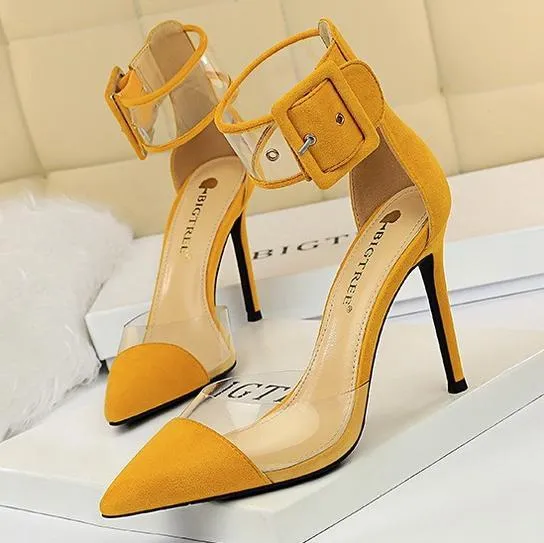 Chicvane Suede Clear Ankle Strap Adjustable Buckle Pointed Toe Stiletto Heel Bridal Heels