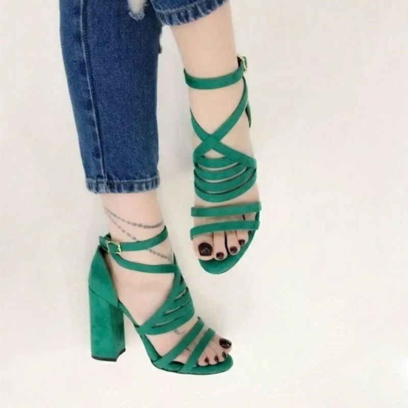 Chicvane Suede Multi-straps Chunky Heel Sandals with Buckle