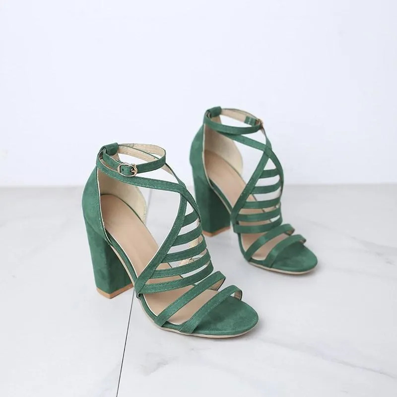 Chicvane Suede Multi-straps Chunky Heel Sandals with Buckle