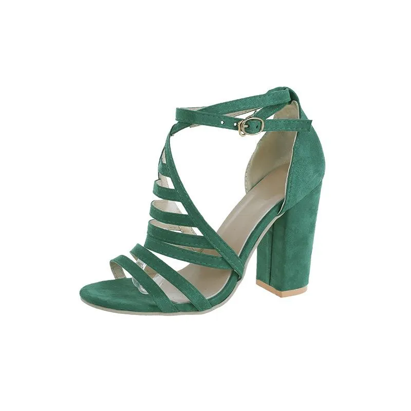 Chicvane Suede Multi-straps Chunky Heel Sandals with Buckle