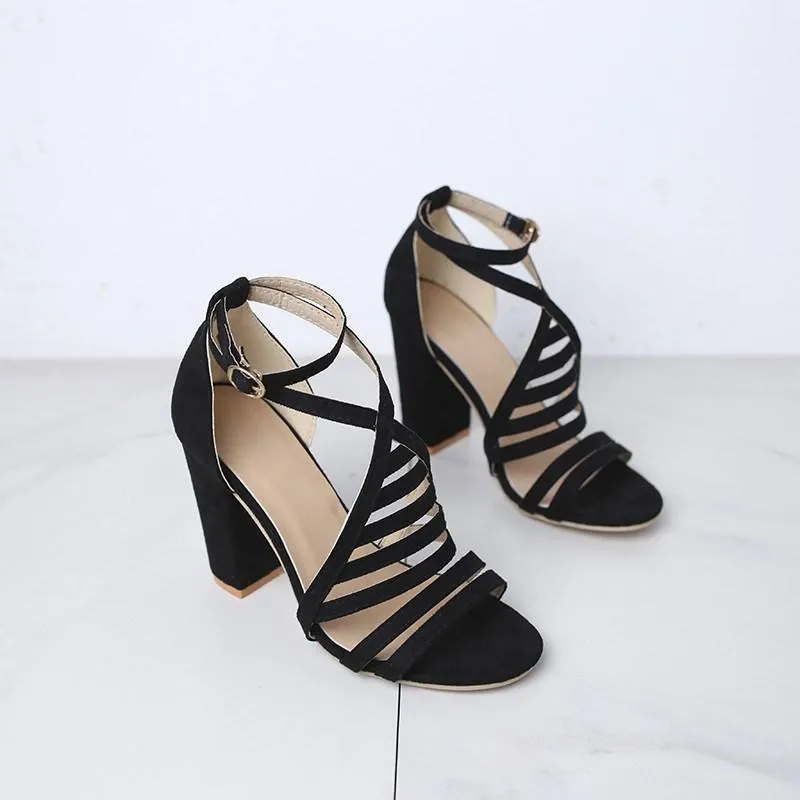 Chicvane Suede Multi-straps Chunky Heel Sandals with Buckle