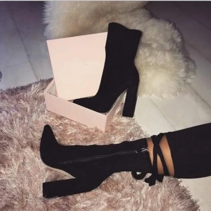 Chicvane Suede Pointed Toe Chunky Heel Mid Calf Boots For Girls With Side Zipper