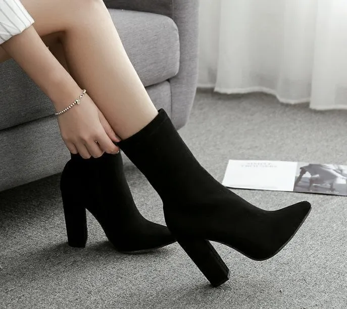 Chicvane Suede Pointed Toe Chunky Heel Mid Calf Boots For Girls With Side Zipper
