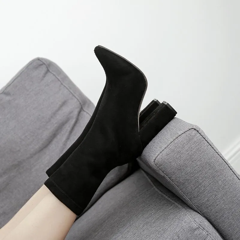 Chicvane Suede Pointed Toe Chunky Heel Mid Calf Boots For Girls With Side Zipper