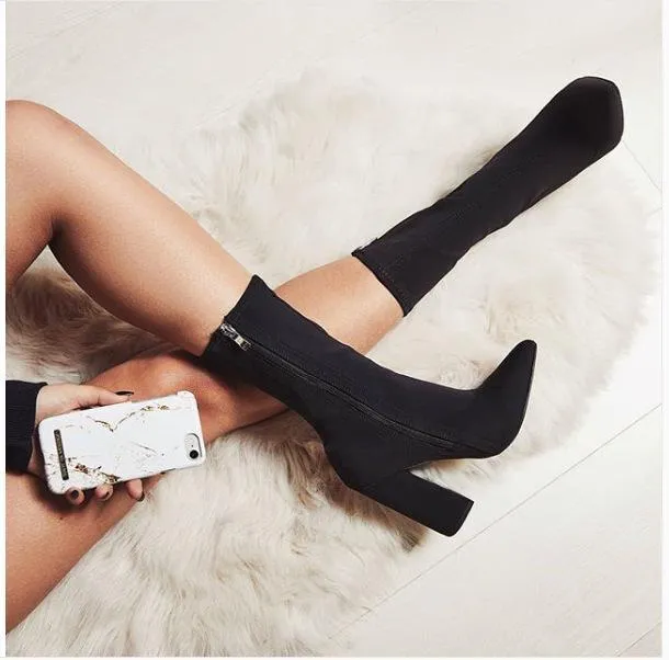 Chicvane Suede Pointed Toe Chunky Heel Mid Calf Boots For Girls With Side Zipper