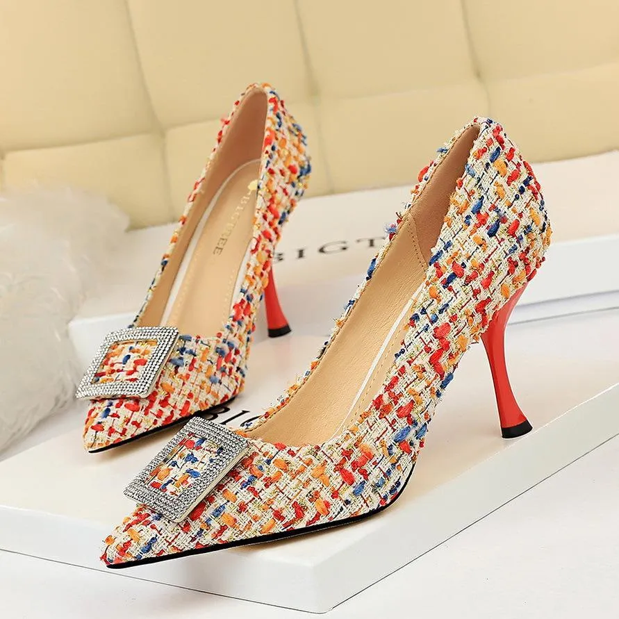 Chicvane Women's Crystal Buckle Color Block Cloth Stiletto Heels Pointed Toe Pump Shoes
