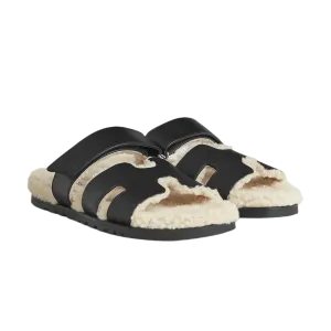 Hermes Chypre Sandals "Noir Sherling Ecru"