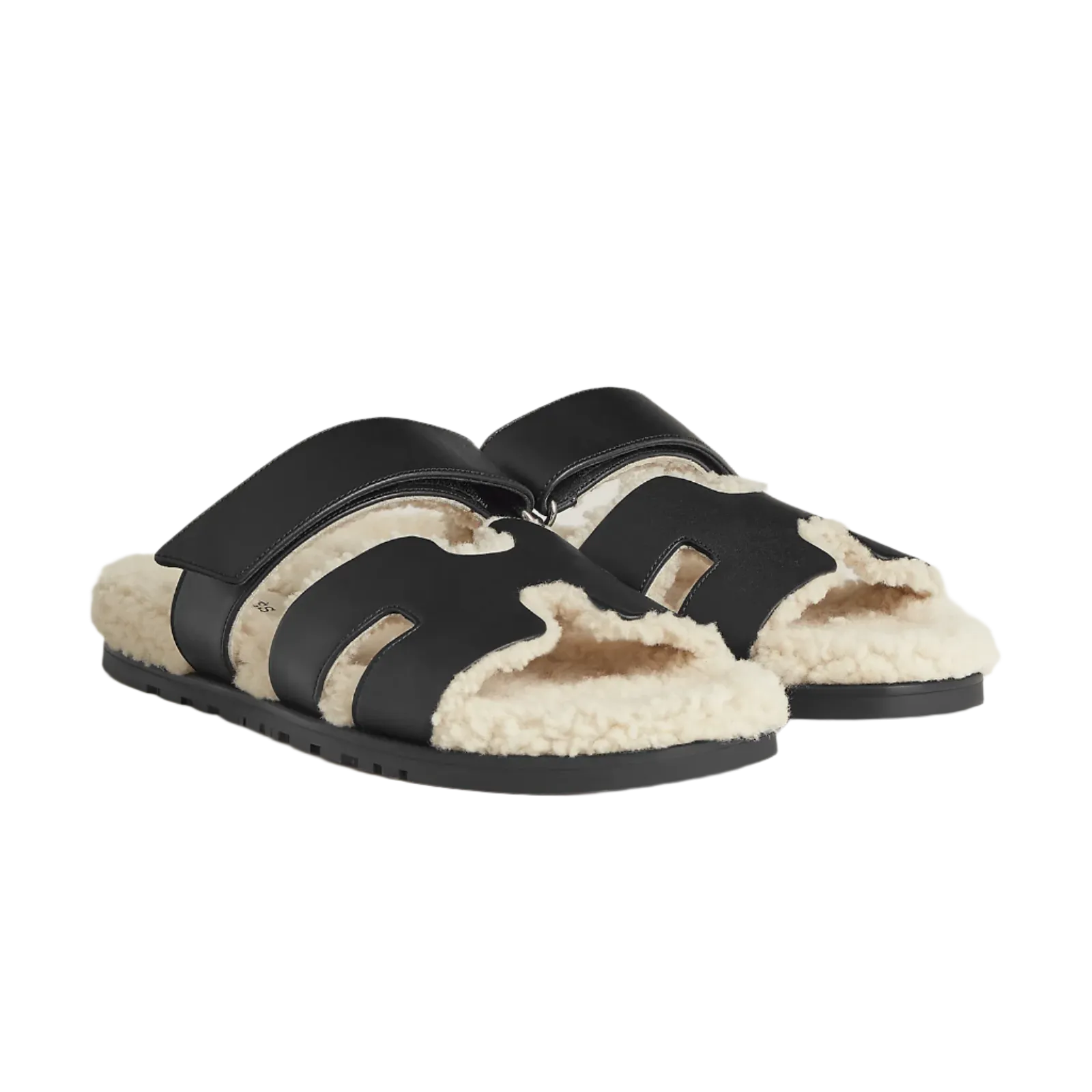 Hermes Chypre Sandals "Noir Sherling Ecru"