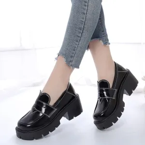Joskaa Brand Designer Chunky Loafers For Women Black PU Leather Platform Shoes Woman Round Toe Thick High Heels Women's Shoes