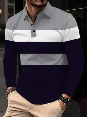 Polonik - Heren Poloshirt met Lange Mouwen, Brede Strepen en Knoopsluiting