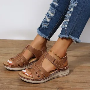 Purpdrank - Women's Sandals Wedge Sandals Comfort Shoes Plus Size Outdoor Daily Beach Summer Flat Heel Open Toe Vintage Classic Casual Walking Shoes Faux Leather Magic Tape Solid Color Solid Colored Black Brown