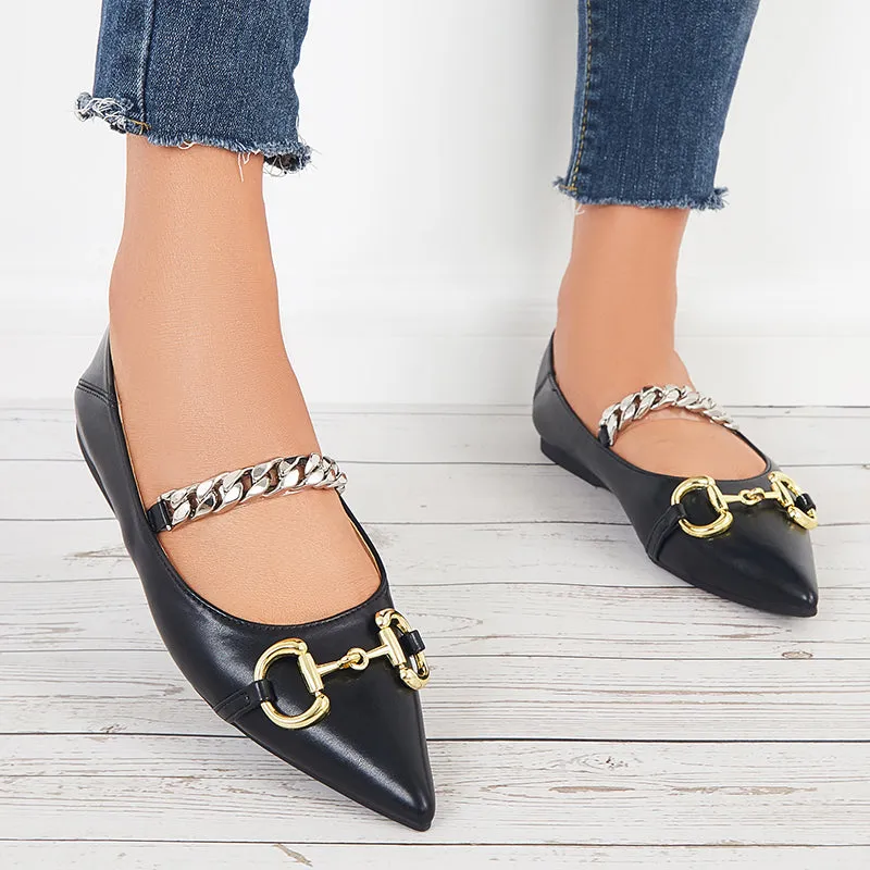 Sohiwoo Chain Decor Ballet Flats Pointed Toe Slip on Flat Dress Shoes