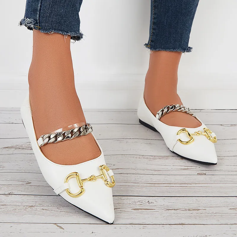 Sohiwoo Chain Decor Ballet Flats Pointed Toe Slip on Flat Dress Shoes