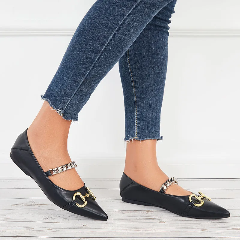 Sohiwoo Chain Decor Ballet Flats Pointed Toe Slip on Flat Dress Shoes