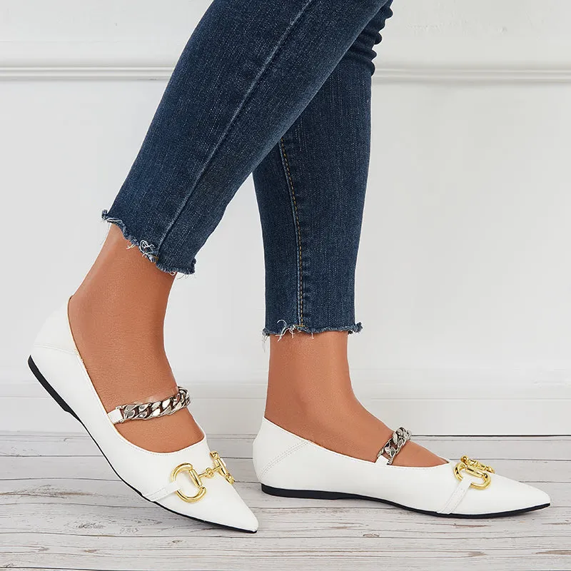 Sohiwoo Chain Decor Ballet Flats Pointed Toe Slip on Flat Dress Shoes