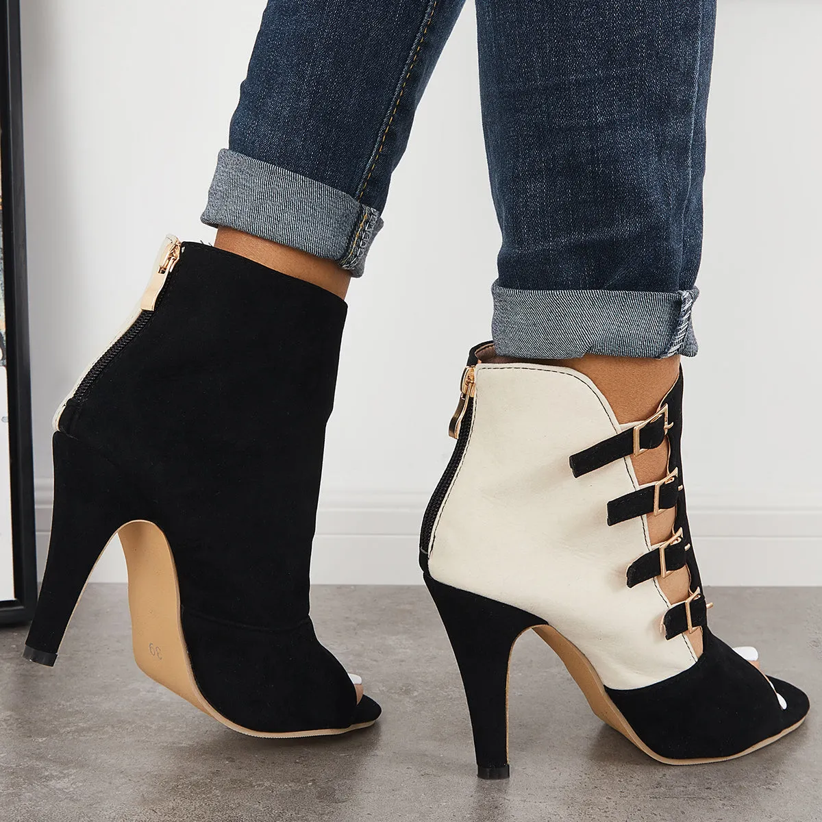 Sohiwoo Hollow Stiletto High Heels Back Zipper Peep Toe Ankle Boots