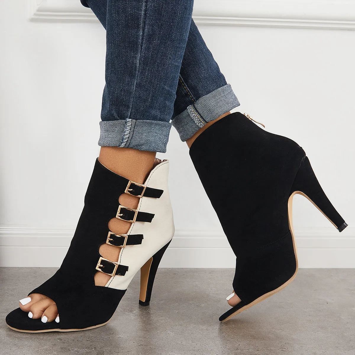 Sohiwoo Hollow Stiletto High Heels Back Zipper Peep Toe Ankle Boots