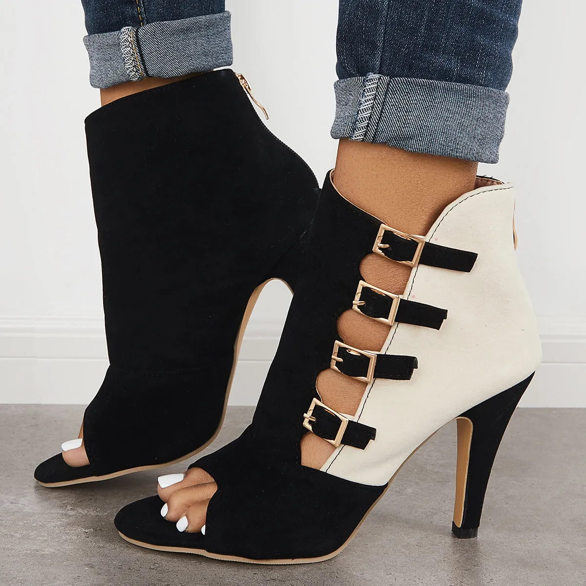 Sohiwoo Hollow Stiletto High Heels Back Zipper Peep Toe Ankle Boots