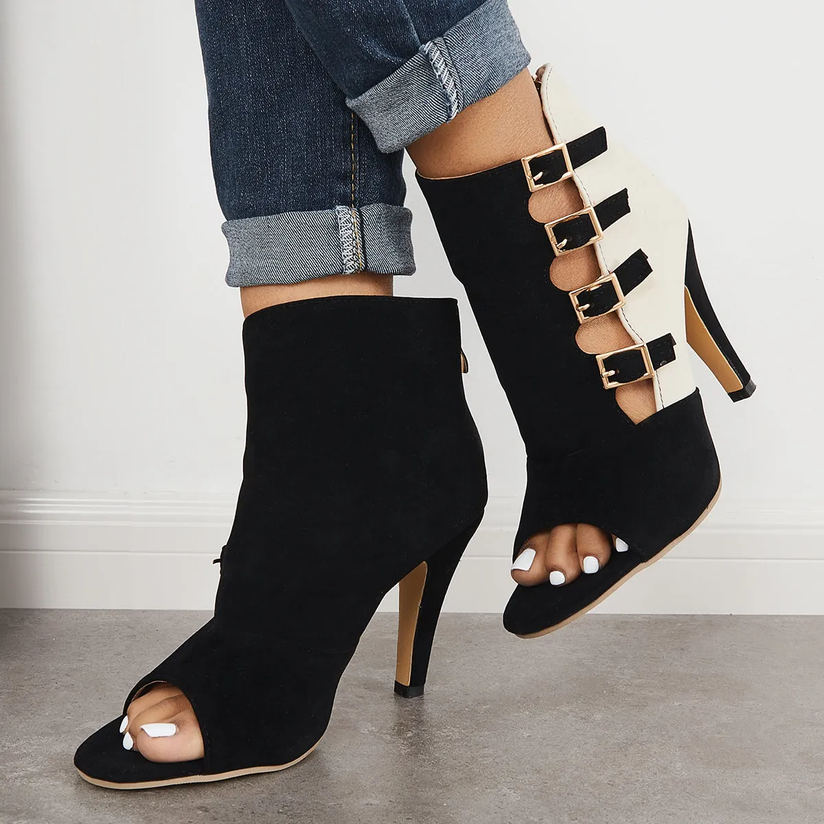 Sohiwoo Hollow Stiletto High Heels Back Zipper Peep Toe Ankle Boots