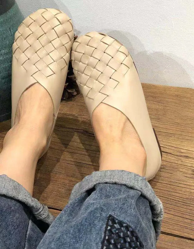 Spring Soft Leather Woven Light Weight Retro Flat Shoes