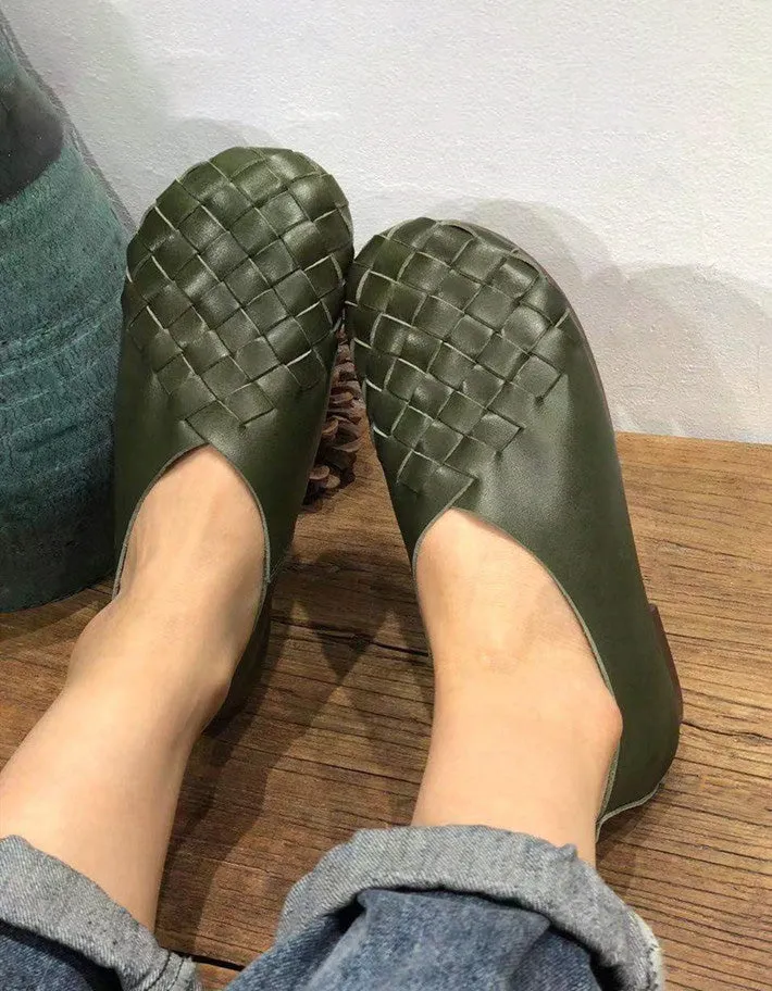 Spring Soft Leather Woven Light Weight Retro Flat Shoes