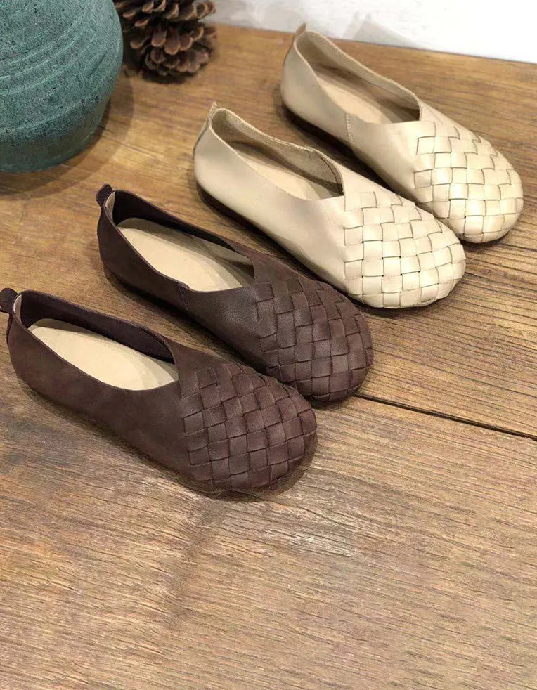 Spring Soft Leather Woven Light Weight Retro Flat Shoes