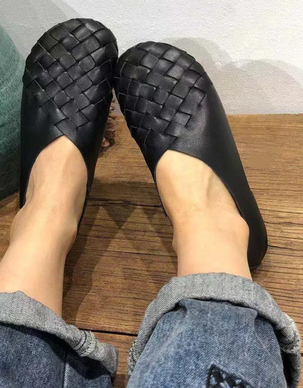 Spring Soft Leather Woven Light Weight Retro Flat Shoes