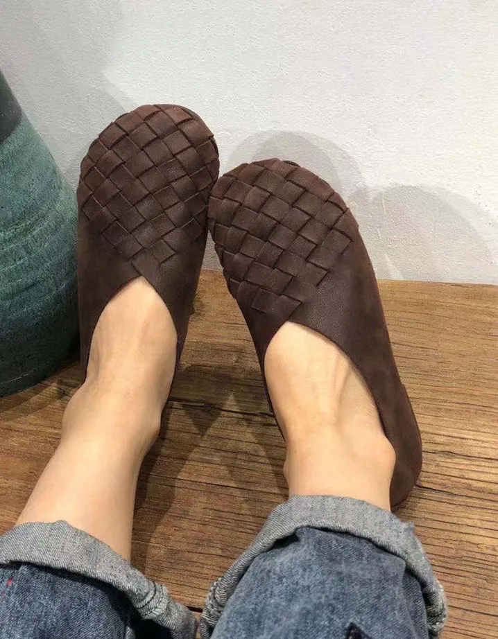 Spring Soft Leather Woven Light Weight Retro Flat Shoes
