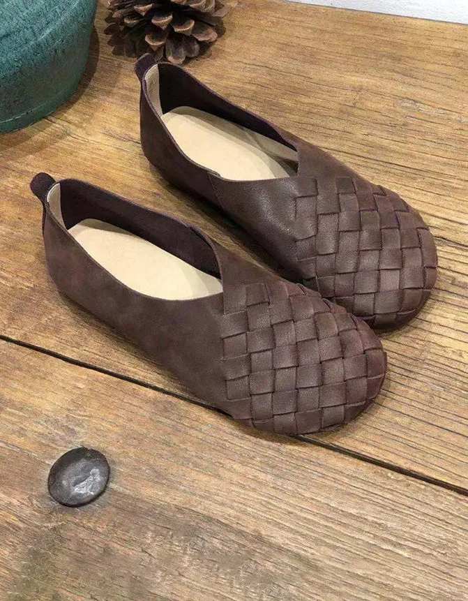 Spring Soft Leather Woven Light Weight Retro Flat Shoes