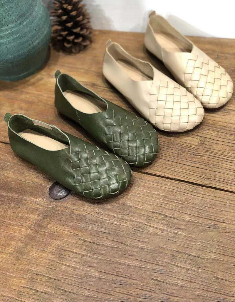 Spring Soft Leather Woven Light Weight Retro Flat Shoes